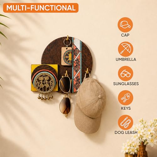 Image of AAKRITI ART CREATIONS Key Holder, Handcrafted Madhubani Dhokra Art Key Hanger | Rustic Wood Wall Organizer with 4 Hooks | New Home Gifts | Multifunctional Entryway Decor Item