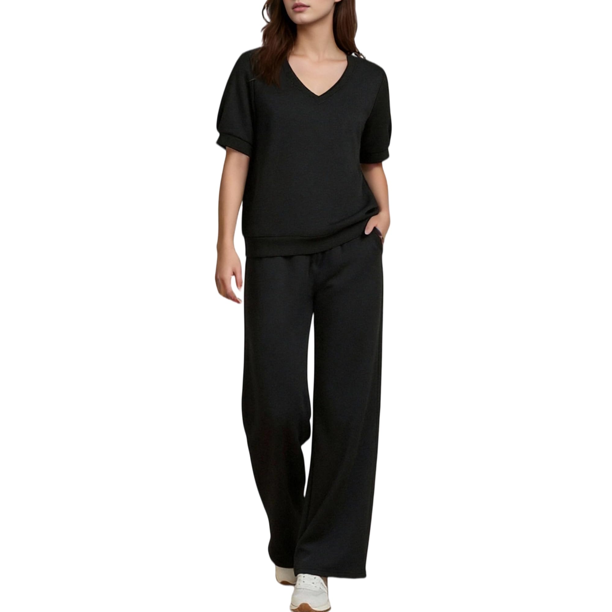 Womens 2 Piece Lounge Sets Summer V Neck Short Sleeve Tops Wide Leg Sweatpants
