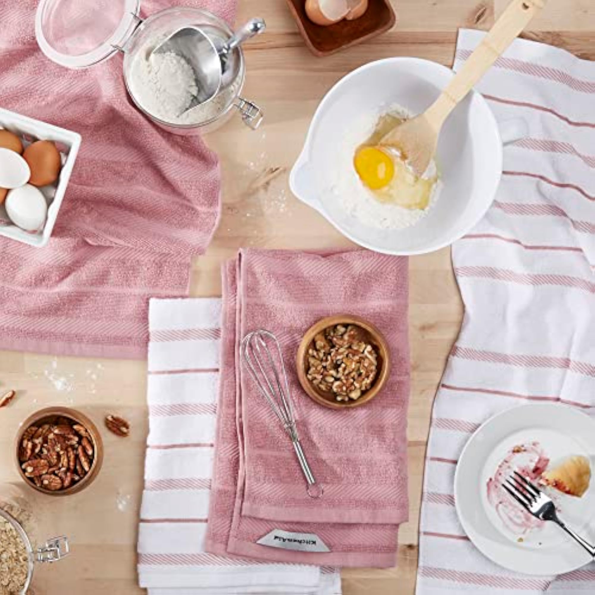 Albany Kitchen Towel 4-Pack Set, Dried Rose/White