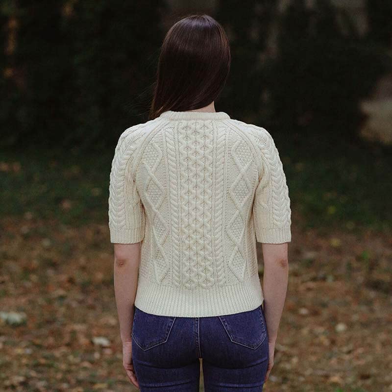 Image of Traditional Irish Sweater for Ladies Short Sleeve Cable Knit - 100% Merino Wool