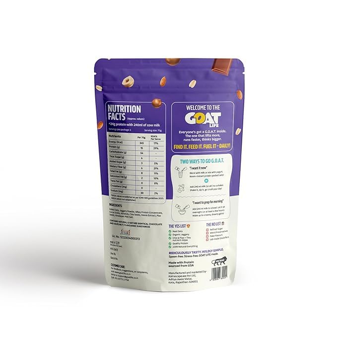 Image of GOAT Life Overnight Oats | 20g Protein | High Fibre | Nutrient-Rich | No Sugar | Gluten-Free & Vegan | Supports Weight Management & Muscle Recovery | Instant Breakfast (Choco Nut Crunch, Pack of 7)