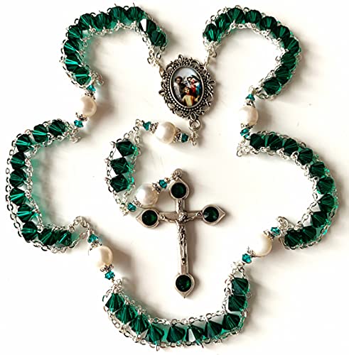 elegantmedical Ladder to Heaven Green Crystal & AAA10MM Pearl Beads Catholic Rosary Cross crucifix Necklace gift