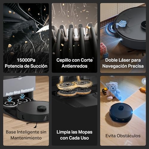 Miniatura 6 de Tapo Robot Aspirador RV50 Pro Omni – 15.000 Pa, Navegación Láser Dual, Autovaciado, Cepillos Antienredo para Mascotas, Limpieza de Bordes, Estación Todo-en-Uno con Depósito de Agua 5L (Negro Oscuro)