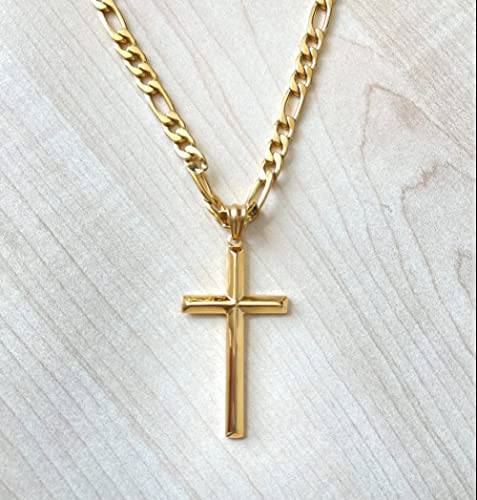 Image of ADORATO JEWELRY 24K Gold Figaro Chain Style Cross Pendant Necklace 5MM Cross Necklace Clasp for MEN, HUSBAND Thin for Charms Miami Cuban Link Diamond Cut Religious Beveled Edge