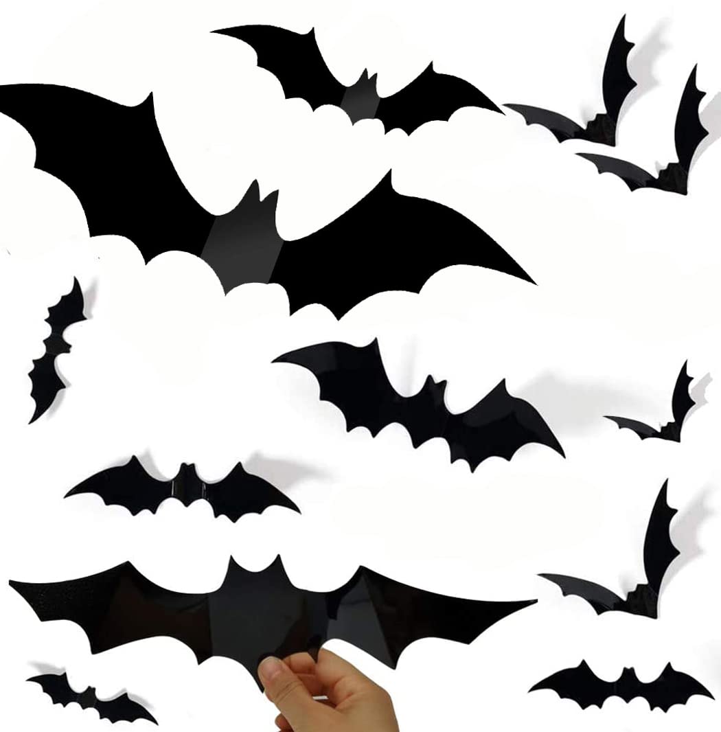 Bats Halloween Decoration, 48PCS Reusable PVC 3D Decorative Scary Bats Wall Stickers Comes with Double Sided Foam Tape for Halloween Party Indoor Outdoor Decor Supplies