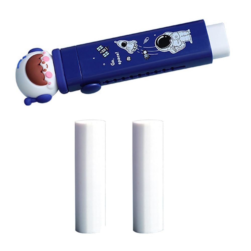 SagaSave Cute Astronaut Retractable Pencil Eraser with 2 Refill Erasers, Rectangular, TPR Rubber, School Office Supply Stationery