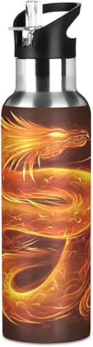 Dragon - Botella de agua para niños, frasco aislado de acero inoxidable con tapa con popote, a prueba de fugas, 20 onzas