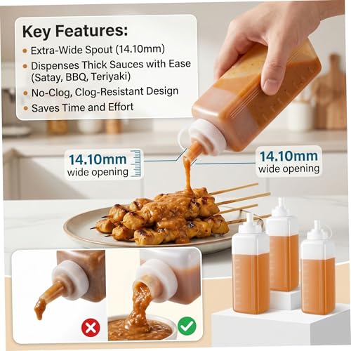 Botella para condimentos exprimible de 32 oz con escamas para salsas y aceites de cocina 8