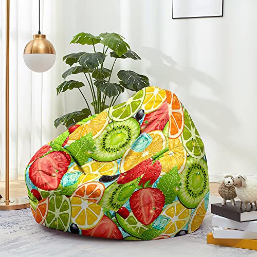 Hiseng Funda de puf, Sillón de Pera sin Relleno,Estampado de Frutas Sofa Puff Gaming Salon Funda Moderno Sin Relleno para Niños y Adultos, Bean Bag con Asa para Salón (Kiwi,100x120cm)
