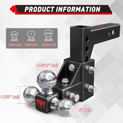 Image of TYT Adjustable Tri-Ball Trailer Hitch for 2 inch Receiver, 5 inch Drop /Rise, Triple Balls (1-7 /8 inch, 2 inch, 2-5 /16 inch), 10,000 lbs GTW, 1,000 lbs TW, Includes Hitch Pin Lock & Tri Pins