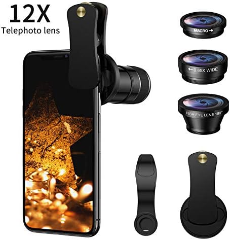 Phone Camera Lens, 4 in 1 12x Telephoto Lens Kit + 0.65x Wide Angle Lens & 15x Macro Lens + 180°Fisheye Lens, Clip-On Cell Phone Lens for iPhone 8 7 Plus 6s, Samsung Galaxy Note Smartphones