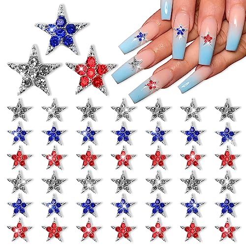 JERCLITY 45 Pieces 4th of July Star Nail Charms Independence Day Nail Rhinestone for Nails Patriotic Nail Charms Silver Red Blue Star Nail Rhinestone for Women Nail Art(0.29 * 0.29inch)