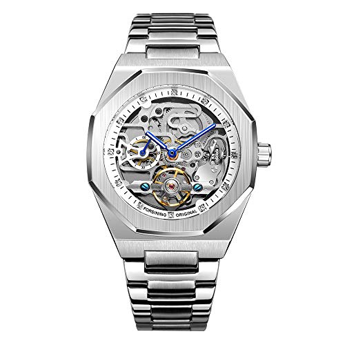 Tourbillon Montre analogique automatique en acier inoxydable pour homme, argenté/blanc, Bracelet