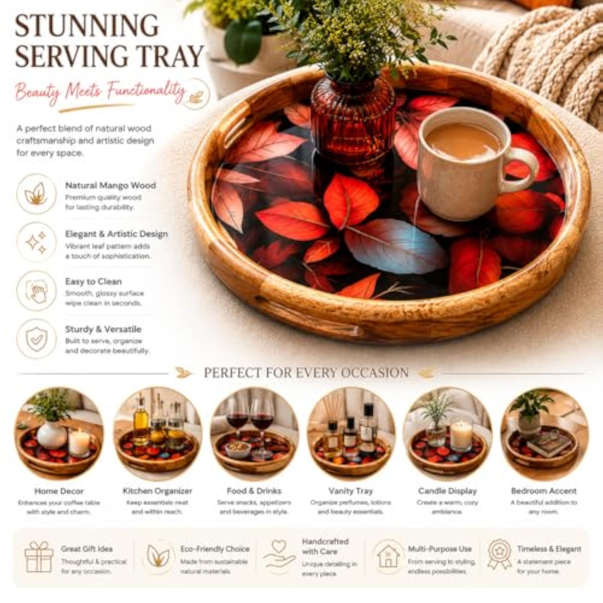 Royal Bloom Mango Wood Serving Tray, Unique Handcrafted Design