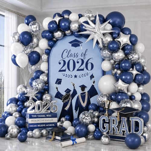 Image of Blue Silver Balloon Garland Arch Kit, Navy Blue White Balloon Arch Kit, Metallic Silver Confetti Balloons Star Foil Balloons for Graduation Father's Day Dad Birthday Wedding Baby Shower Party Decor