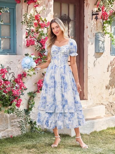 Image of Scarlet Darkness Women Floral Maxi Dress Puff Sleeve Tea Party Corset Dress | Pockets, Ruched Bust, Ruffled Hem, for Cottagecore Fairy Milkmaid Vacation