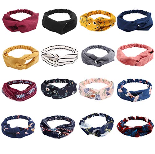 Headbands for Women, 16 Pack Turban Headbands for Women, Knotted Headbands for Women Boho headband, (6 Solid Color +10 Pattern Headbands)