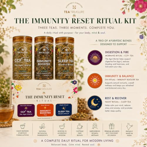 Image of TeaTreasure Immunity Reset Ritual Kit - CCF, Booster & Sleep Herbal Tea Combo | Ayurvedic Detox Set for Digestion, Gut Health, Bloating Relief, Better Rest | Caffeine-Free Natural Wellness Gift