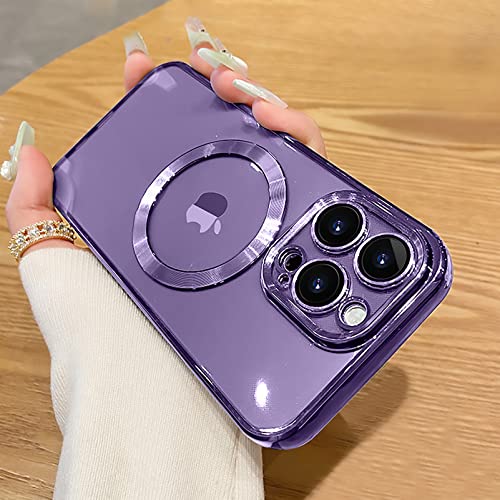 Uioeua Compatible With Iphone 13 Pro Max Magnetic Clear Case,Luxury Plating Bling Transparent Shockproof Magsafe Case With Full Camera Lens Protector For Iphone 13 Pro Max Women Girl Men-Purple #TOP17