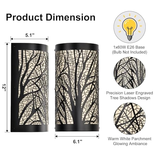 Image of Rustic Industrial Farmhouse Wall Sconces Set of 2, Hardwired Metal Tree Branch Vintage Wall Light Fixtures with White Parchment Shades, 1-Light E26 Indoor Living Room Bedroom Hallway