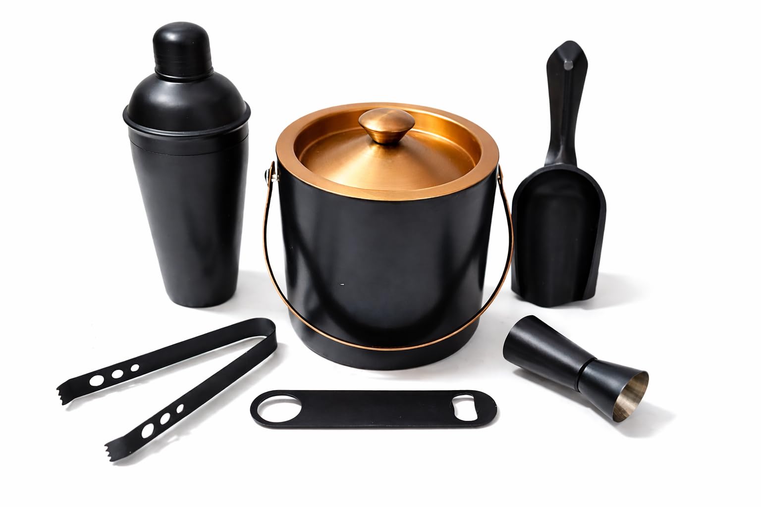 Nooks Stainless Steel Bar Accessories Set - 6pcs Combo Pack in Black With Ice Bucket 1ltr, Tong, Cocktail Shaker, Peg Measure and Opener for Home and Mini Bar