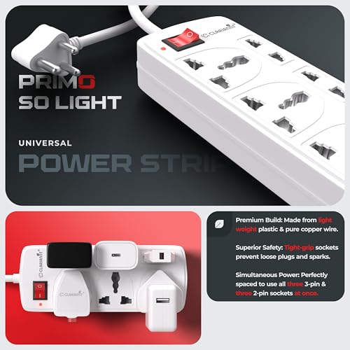 Image of Primo 6 Foot 6-Socket Extension Board - 10A 240V with Wall Hanging | Heavy Duty Copper Cord Power Strip, Multi Plug Extension Box & Spike Guard