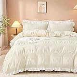 Guchuang Bedding Cream White Seersucker Duvet Cover Set Double Size, Ruffled Trim 3-Piece Microfiber Bedding Set - Wrinkle-Resistant & Lightweight Design with Hidden Zipper (Double, 200x200cm)