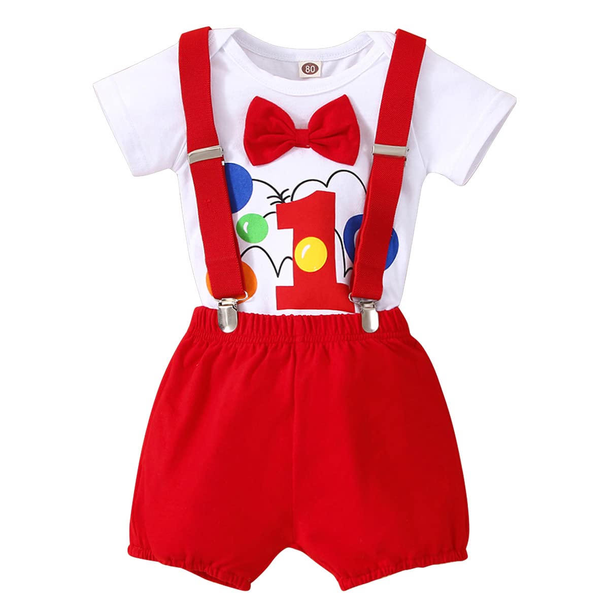 Ballroon First Birthday Decorations Outfit for Boy Baby 1st Birthday Cake Smash Clothes Bowtie Romper Shorts Suspenders Pants 3PCS Clothes Set for Birthday Photo Shoot Prop Red Balloon 12-18 Months