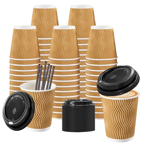 Lamosi 8 oz Disposable Coffee Cups with Lids 50 Pack Insulated Hot Cups To Go Paper Coffee Cups with Lids and Straws Corrugated Ripple Wall Cup for Hot Drink Office Coffee Bar (Champagne)