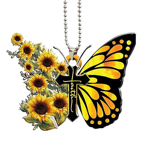 Butterfly Car Rearview Mirror Accessories,Yellow Butterfly Sunflower Christian Jesus Cross Car Mirror Decor Hanging,Butterfly Hanging for Home Car,Christian Religious Gifts for Women,Butterfly Gifts