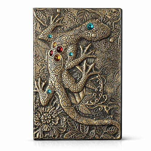 ヒロワールドトレード Embossed Lizard Journal A5 5.8 x 8.3 in Hardcover Leather Notebook Vintage Fantasy Spellbook Style Writing Diary Gothic Antique Design (Bronze)