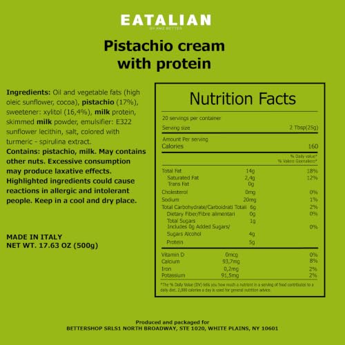 Image of EATALIAN by AMZ BETTER Protein Cream, 17.63 oz / 500 gr, Pistachio Paste with 94 g of Proteins, Made in Italy, Sweet and Unique, Taste Ideal on Bread and Excellent for Dubai Chocolate