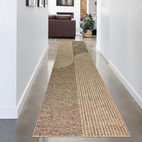 CARPETIA Teppich Balkon Gästezimmer Läuferteppich Flurläufer groß pflegeleicht innen außen mit elegantem Bogenmuster beige & braun 80 x 250 cm