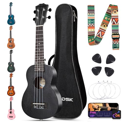 AODSK Soprano Black Ukulele for Beginner 21 Inch Ukelele with Gig Bag Strap Nylon String 4 Picks Holiday Gift