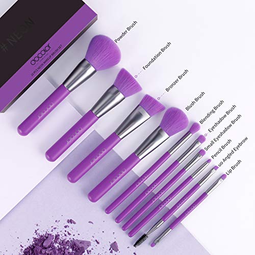 Docolor Makeup Brushes 10 Piece Neon Purple Makeup Brush Set Premium Synthetic Kabuki Foundation Blending Face Powder Mineral Eyeshadow Make Up Brushes Set