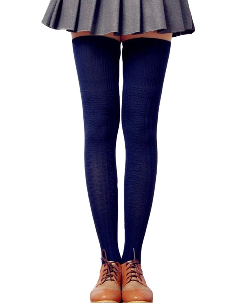 Lsharon Women's Navy Blue Over The Knee Thigh High Stockings Soft Knit Crochet Sock Leggings (Navy Blue)