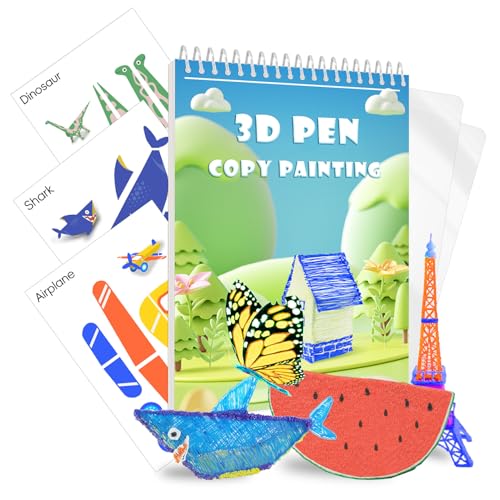 3D Printing Pen Drawing Book Spiral Bound with Transparent Template 40 Patterns Reusable Painting Graffiti Template Ideal DIY Gift Include Animal Transportation House Building Food