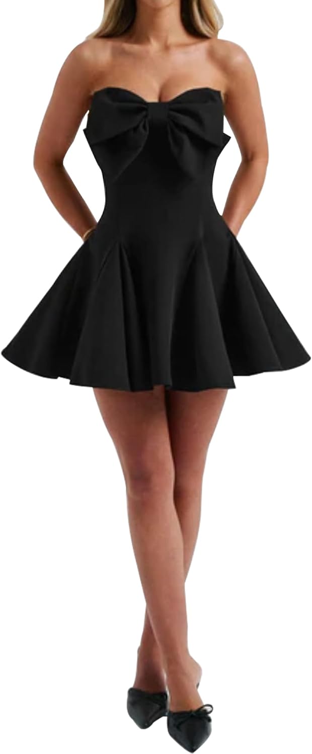 SHESEEWORLD Women's Sexy Summer A-Line Strapless Bow Dress Sleeveless Ruffle Hem High Waist Mini Dress - Image 4