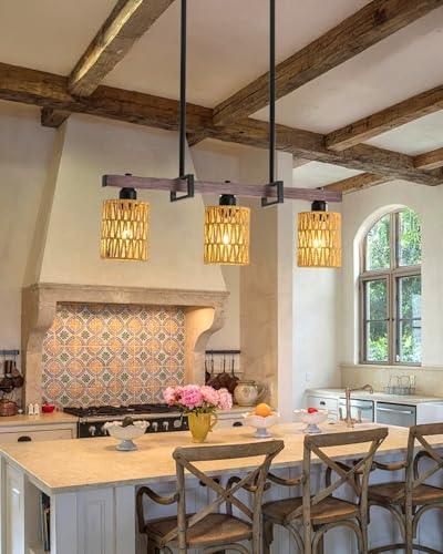 3-Light Kitchen Island Light Fixture, Linear Chandelier for Dining Room, Rustic Pendant Light Over Table, Handmade Woven Farmhouse Wicker Chandelier, Dark Wood Finish for Kitchen Island - image 2