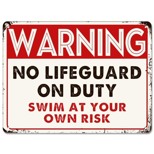 LSODOIEI Cartel de estaño con texto en inglés "No Lifeguard on Duty Swim at Your Own Risk Warning Pool Signage - Llamativa señalización de aluminio inoxidable vintage, 30,5 x 40,6 cm