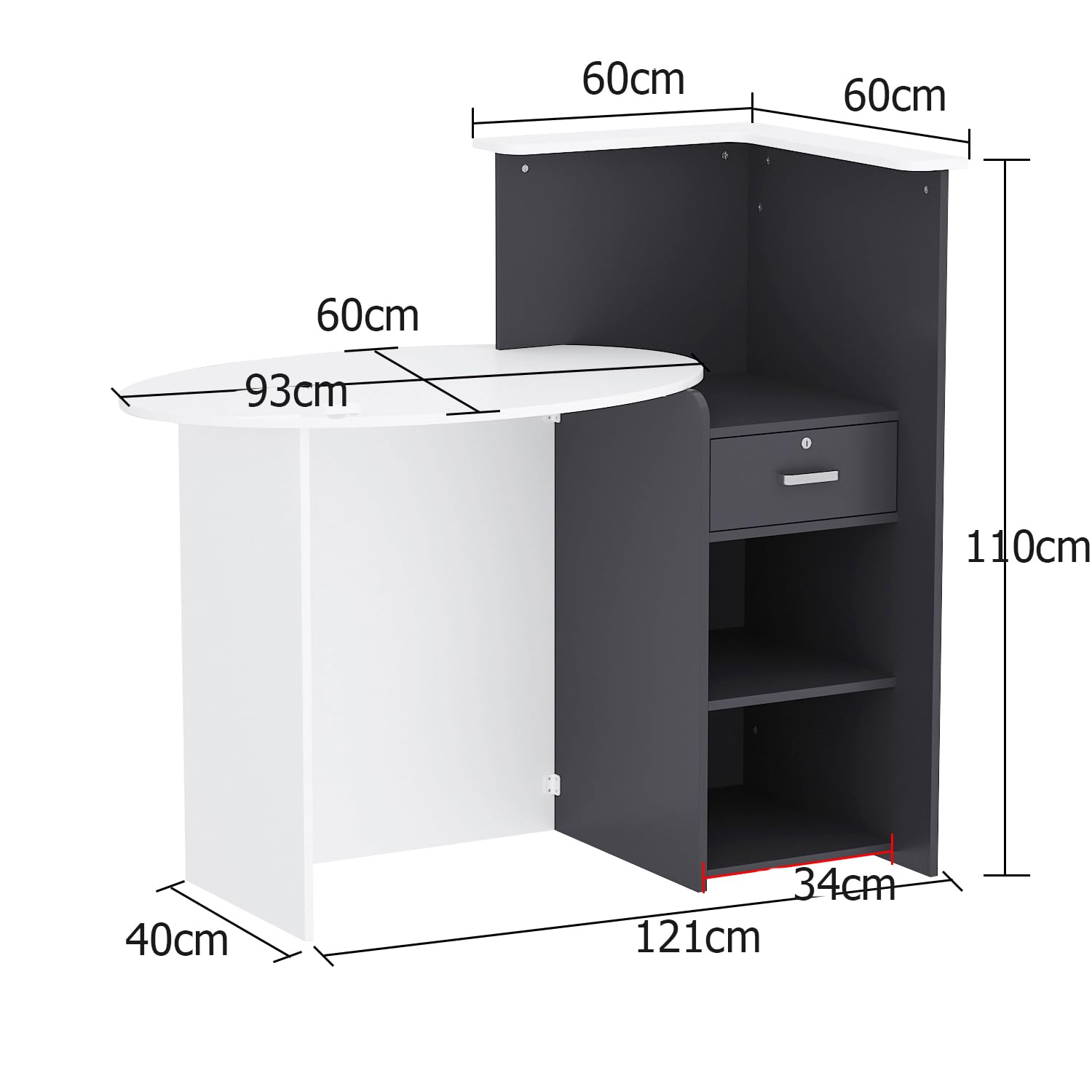 Rezeptionstheken, Rezeptionstresen, Empfangstheken, Empfangstresen, Rezeption Büromöbel, Rezeption Schreibtisch, Rezeptionstheke, Weiß und Schwarz, MDF, 40x121x110cm