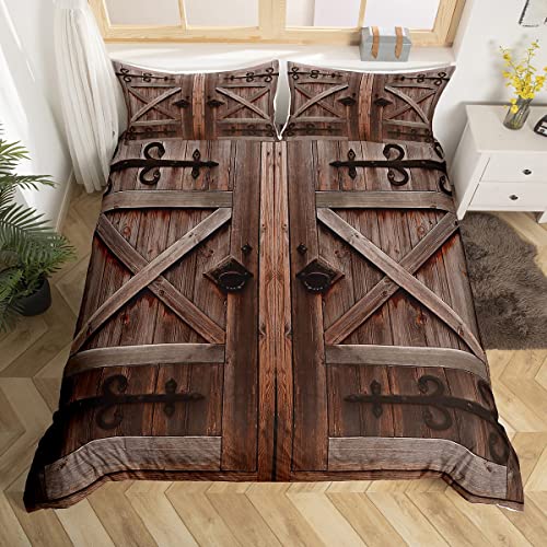 Castle Fairy Rustic Bedding Set,Wooden Barn Doors Duvet Cover for Kids Teen Boys Girls,Farm Farmhouse Comforter Cover Decorative Room,Retro Metal Quilt Cover with 2 Pillowcases,King Size(No Comforter)