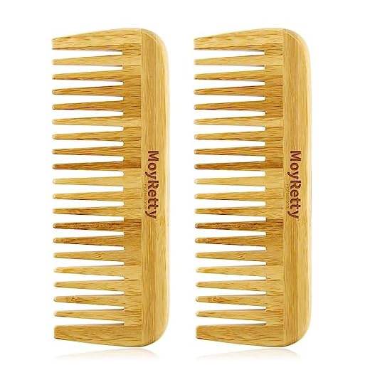 MoyRetty 2 peças de pente de cabelo de bambu escova de dentes largos feita à mão de madeira de bambu natural antiestática para desembaraçar e pentear cabelos molhados ou secos, cacheados grossos,