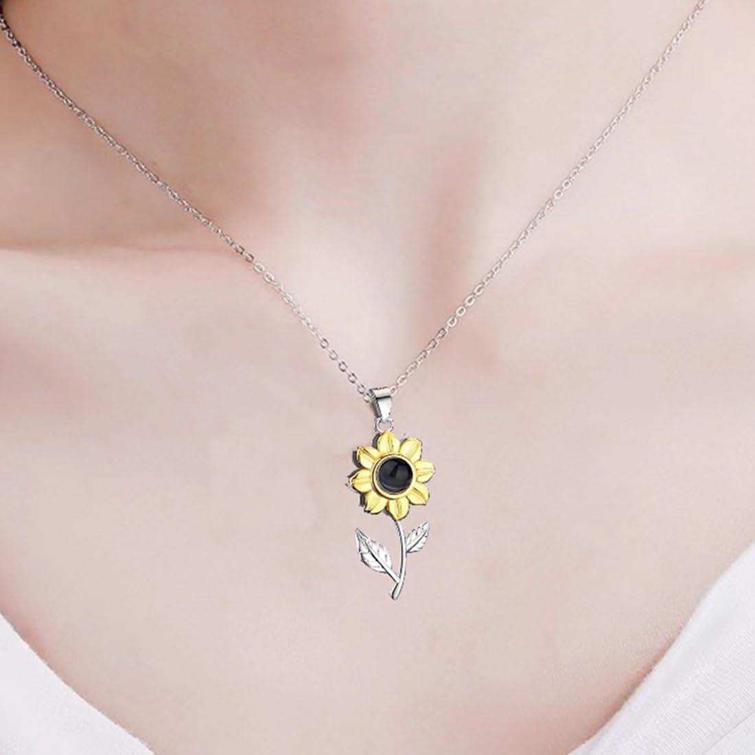 Collana Con Ciondolo A Girasole E Iniziale Personalizzata A-Z - Regalo Per Donna In Acciaio Inox Placcato Oro Con Zirconi - Catenina Regolabile 45-50 Cm - 5