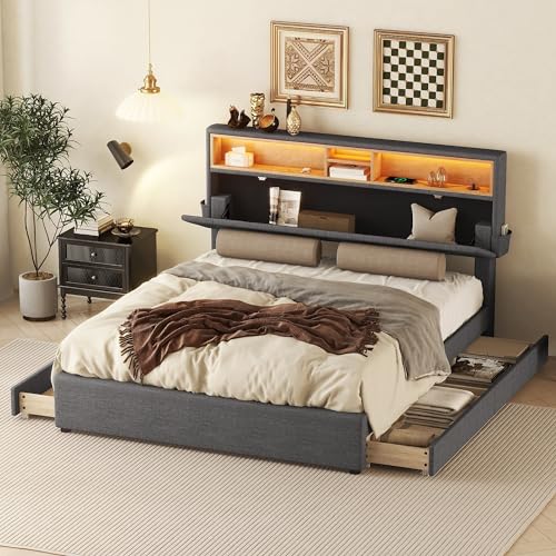 MQLAE Doppelbett 140x200cm, Polsterbett, Kopfteil Bett mit Aufladen USB und LED-Beleuchtung, Funktionsbett mit Vier Schubladen Stauraum, Verstellbares Kopfteil, Stauraumbett, Grau