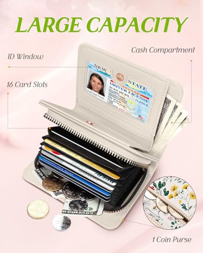 Image of Bistup Leather 12 Slot Accordion Card Holder Wallet, Vintage Flower | Accordion Storage, Zipper Around Closure, Compact Patterned Wallet for IDs, Cards, Cash, Daily Carry and Gifts