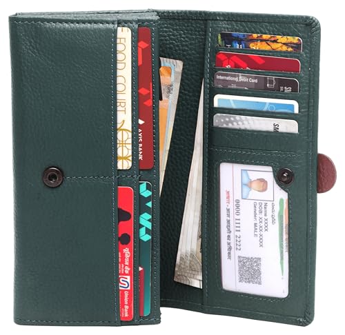 Image of WildHorn Women's Genuine Leather RFID Blocking Wallet | Tri-Fold High-Capacity Ladies Purse with Card Slots, Zipper Coin Pocket & Snap Closure | Ideal Gift for Women (Green)