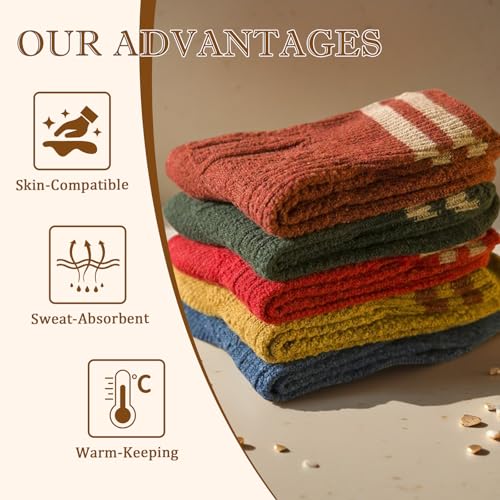 5 Pairs Women's Vintage Wool Socks, Super Cozy Thick Winter Hiking Crew Socks2