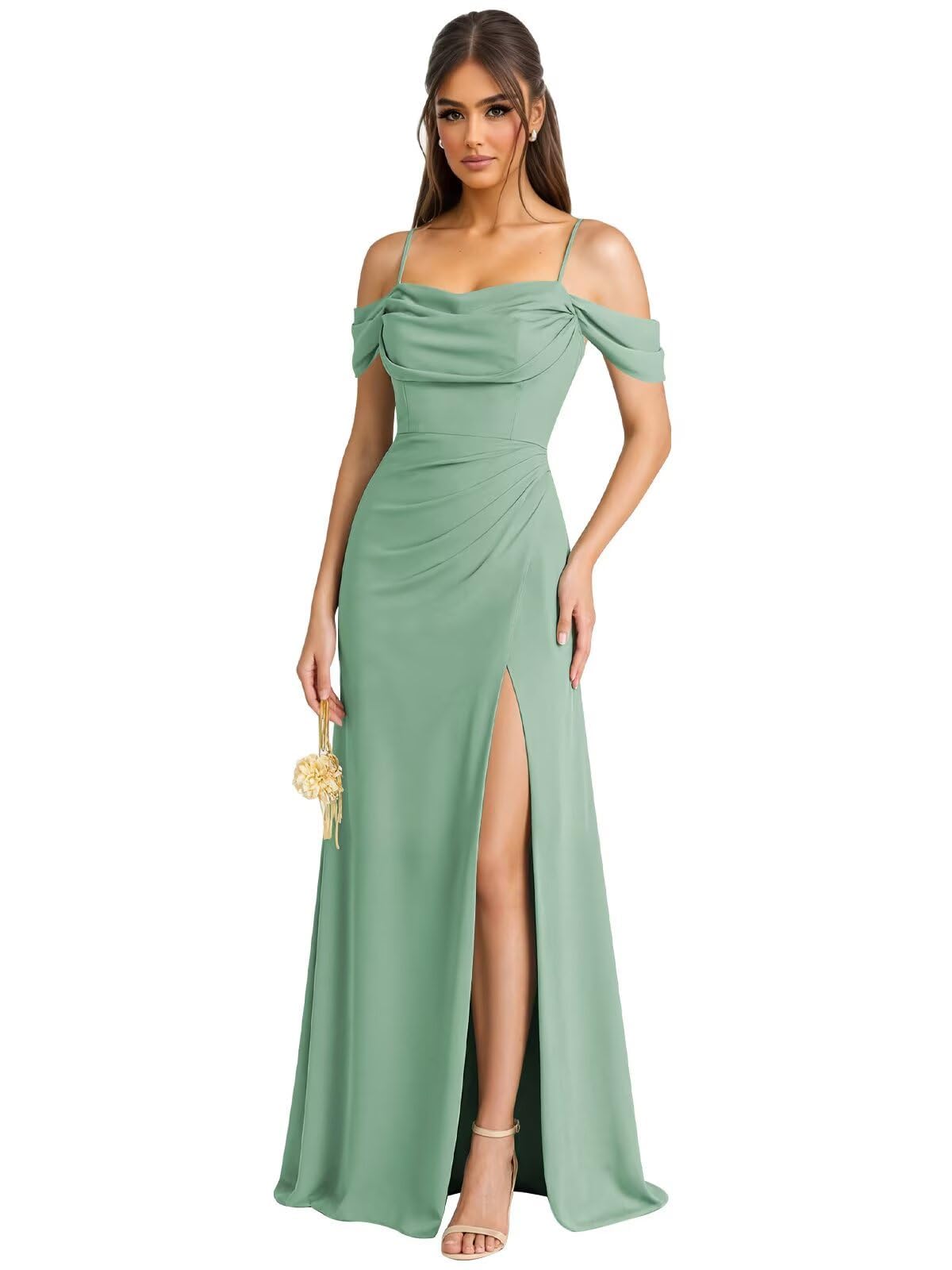 HUINI Schulterfreie Brautjungfernkleider mit Schlitz Langes Chiffon Hochzeitsgastkleid Formelles Abendkleid für Damen