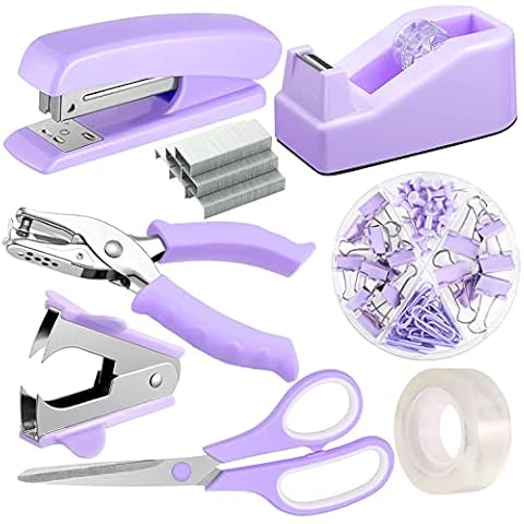 Ronssie Schreibtisch-Zubehör-Set, Schreibtisch-Hefter und Klebebandabroller-Set mit 1000 Heftgeräten, Einlochstanzer, Hefter, Entferner, Büroklammern, Schere Cover